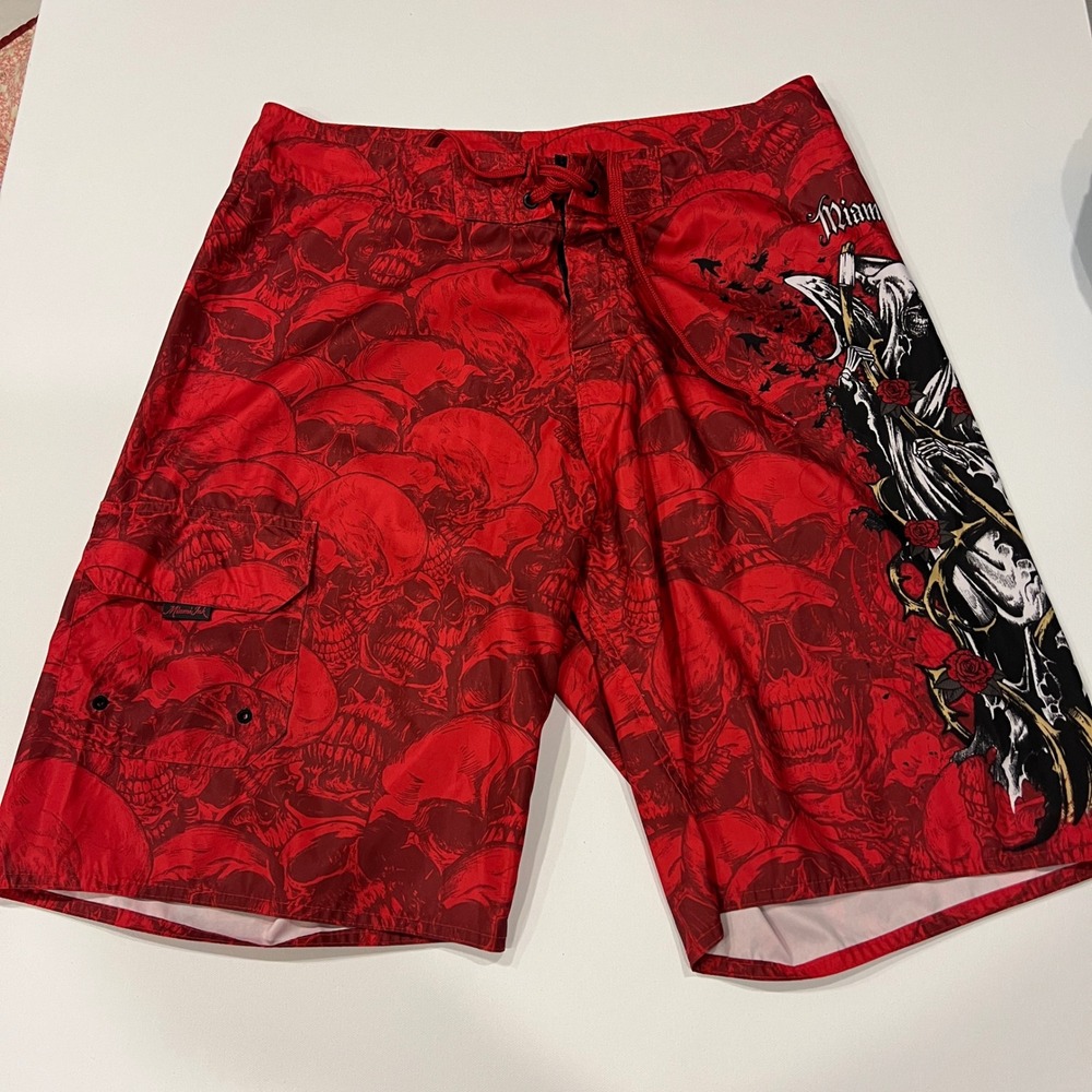 Miami Ink Y2K Tattoo Goth Red Skull Grim‎ Reaper Rose Board Shorts Mens 34